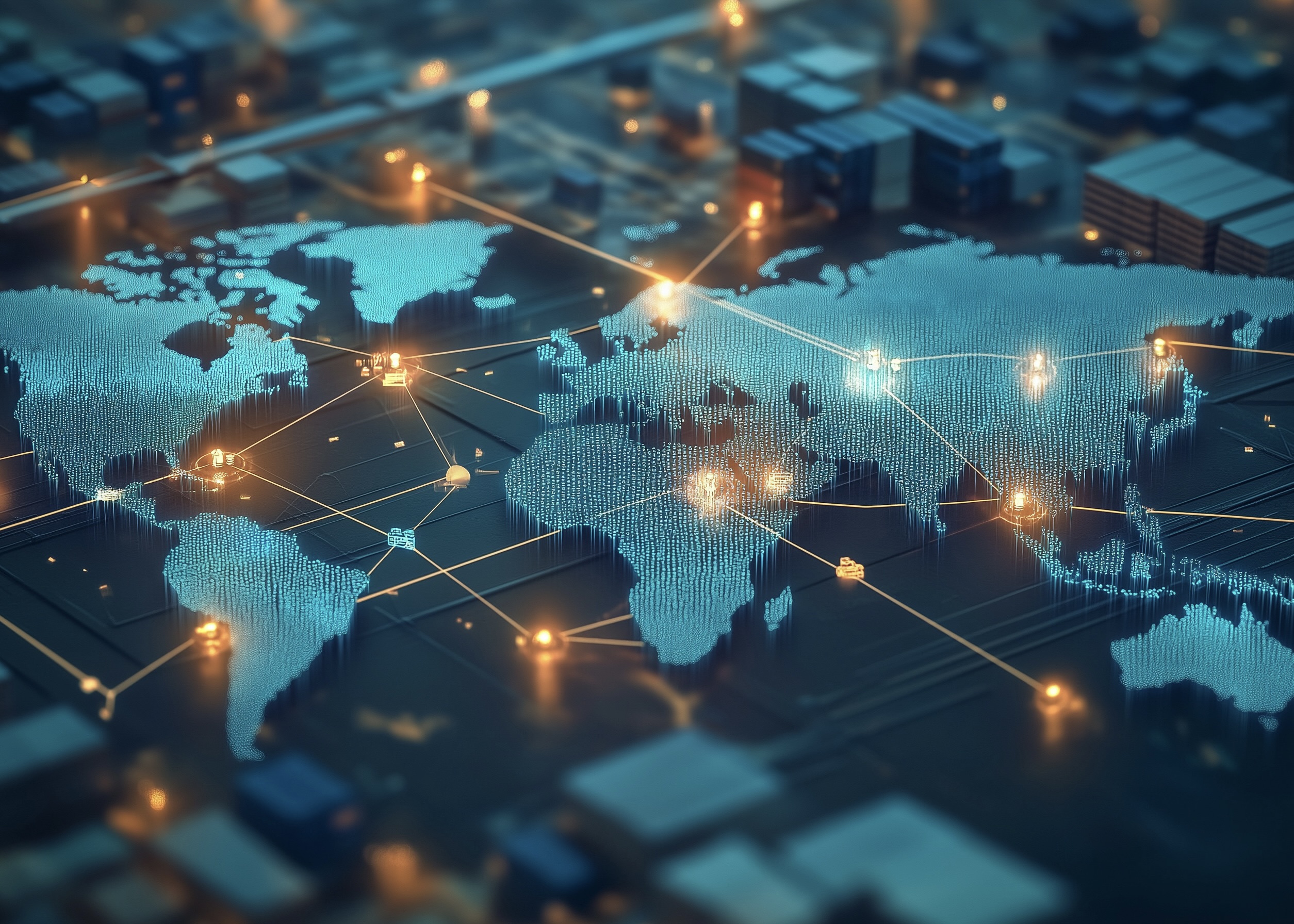 Intricate global value chains connecting manufacturers, suppliers, and distributors across borders – conceptual illustration of international trade and supply chains