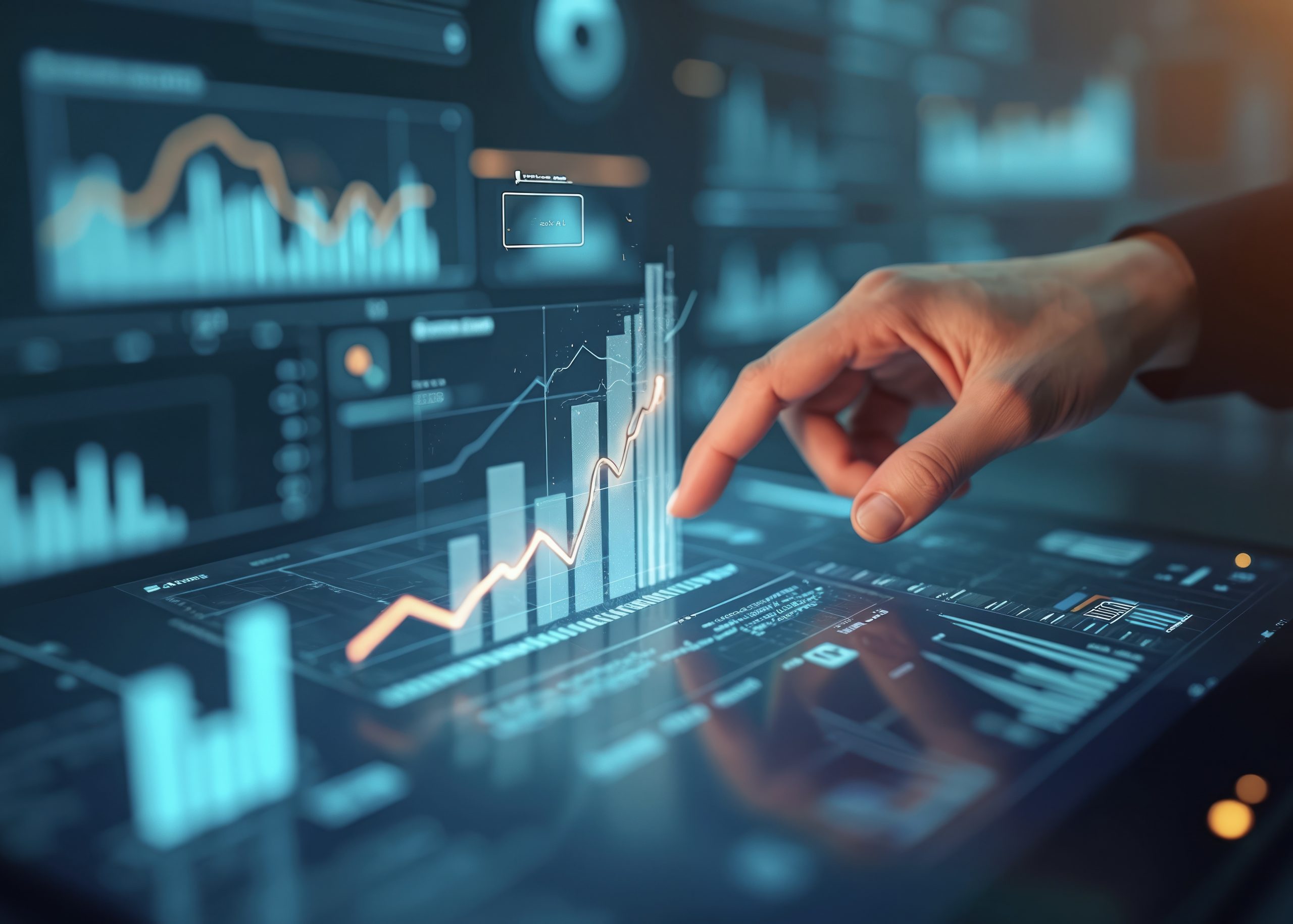 Manager touches growth graph on analytics dashboard. Business data analysis reports with marketing finance management strategy. Digital charts graphs increase business performance, sales statistic