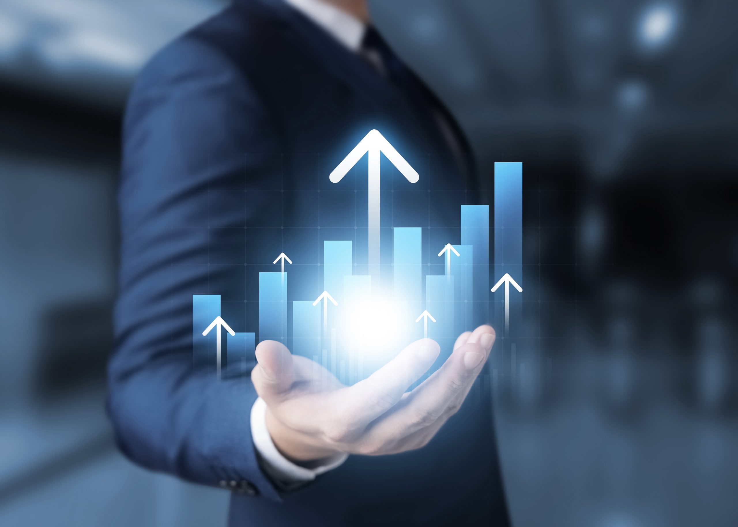 global business growth analysis and asset investment chart Business and Finance Up arrow Holographic economic chart, global economic trend analysis, financial graph analysis on virtual screen.