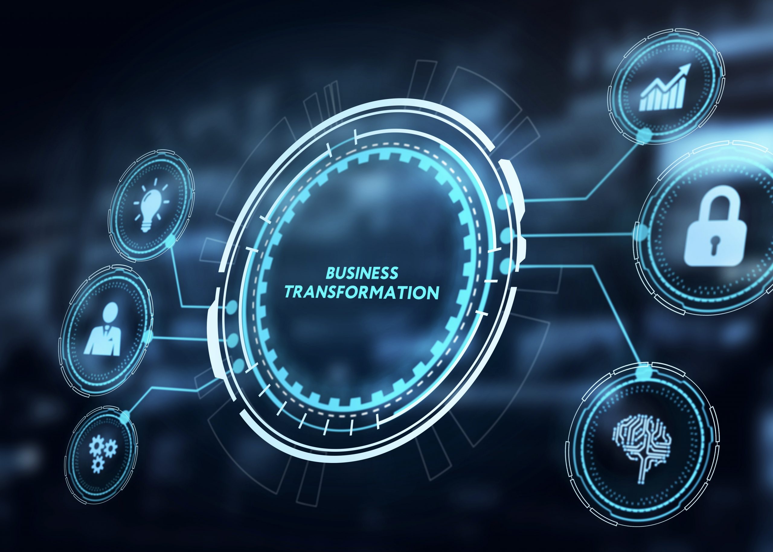 Business, technology, internet and network concept. Virtual screen of the future and sees the inscription: Business transformation. 3d illustration