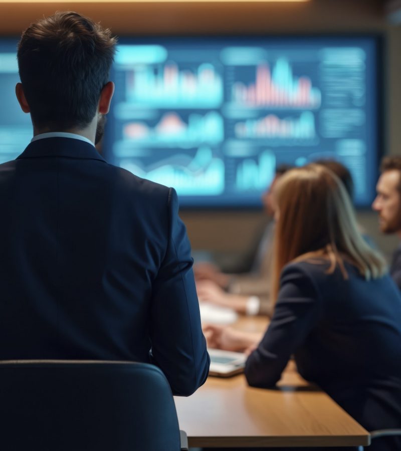 Business team meeting discussing graphs data on screen. Modern office, diverse employees group. Analyzing financial strategy business plan success. Man in suit looks at data charts. Colleagues in